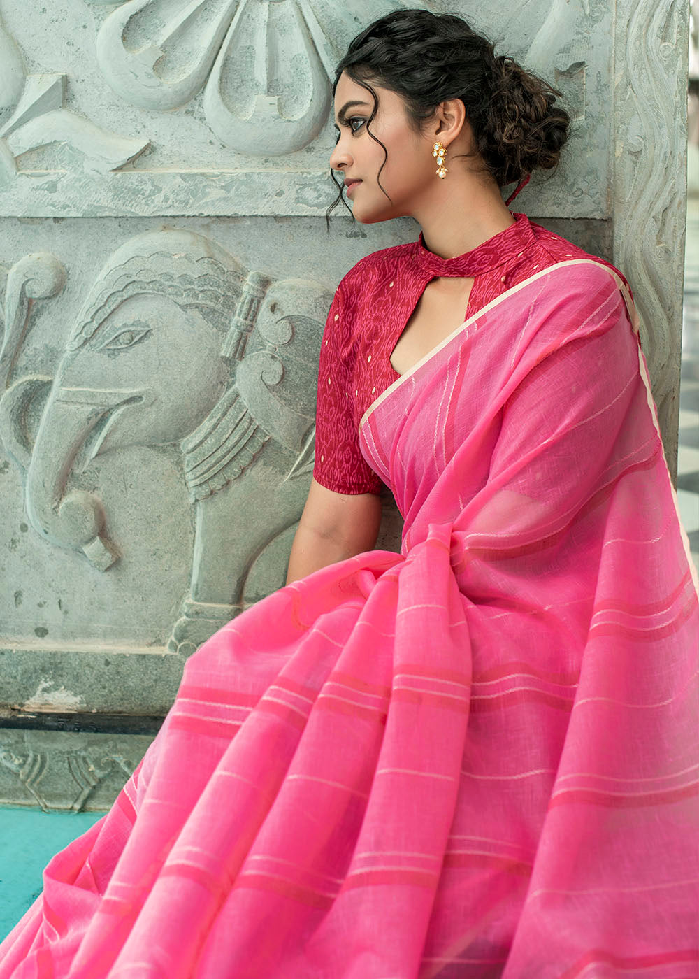 Raspberry Pink Linen Saree having Zari Woven Stripes