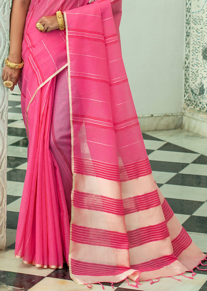 Raspberry Pink Linen Saree having Zari Woven Stripes