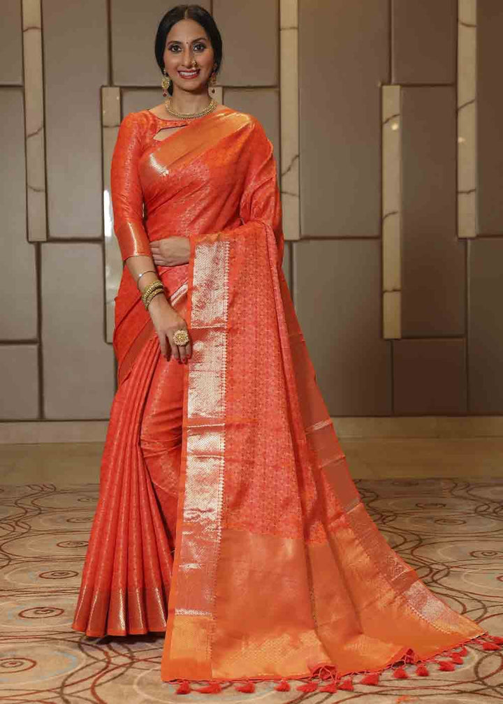 Pumpkin Orange Woven Soft Banarasi Silk Saree