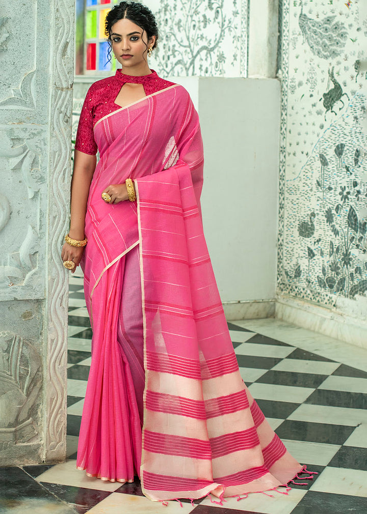 Raspberry Pink Linen Saree having Zari Woven Stripes