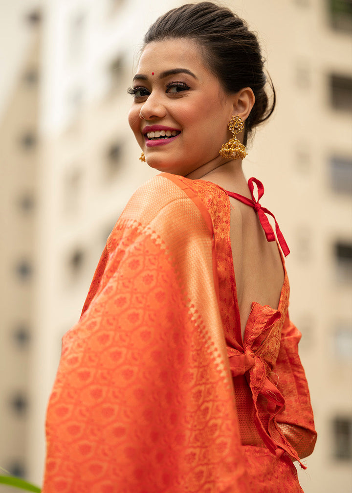 Papaya Orange Self Weaving Banarasi Silk Saree with Zari Border & Pallu