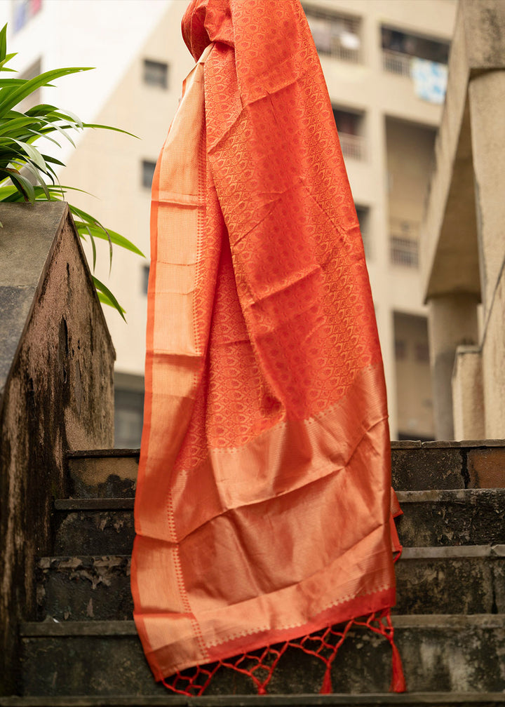 Papaya Orange Self Weaving Banarasi Silk Saree with Zari Border & Pallu