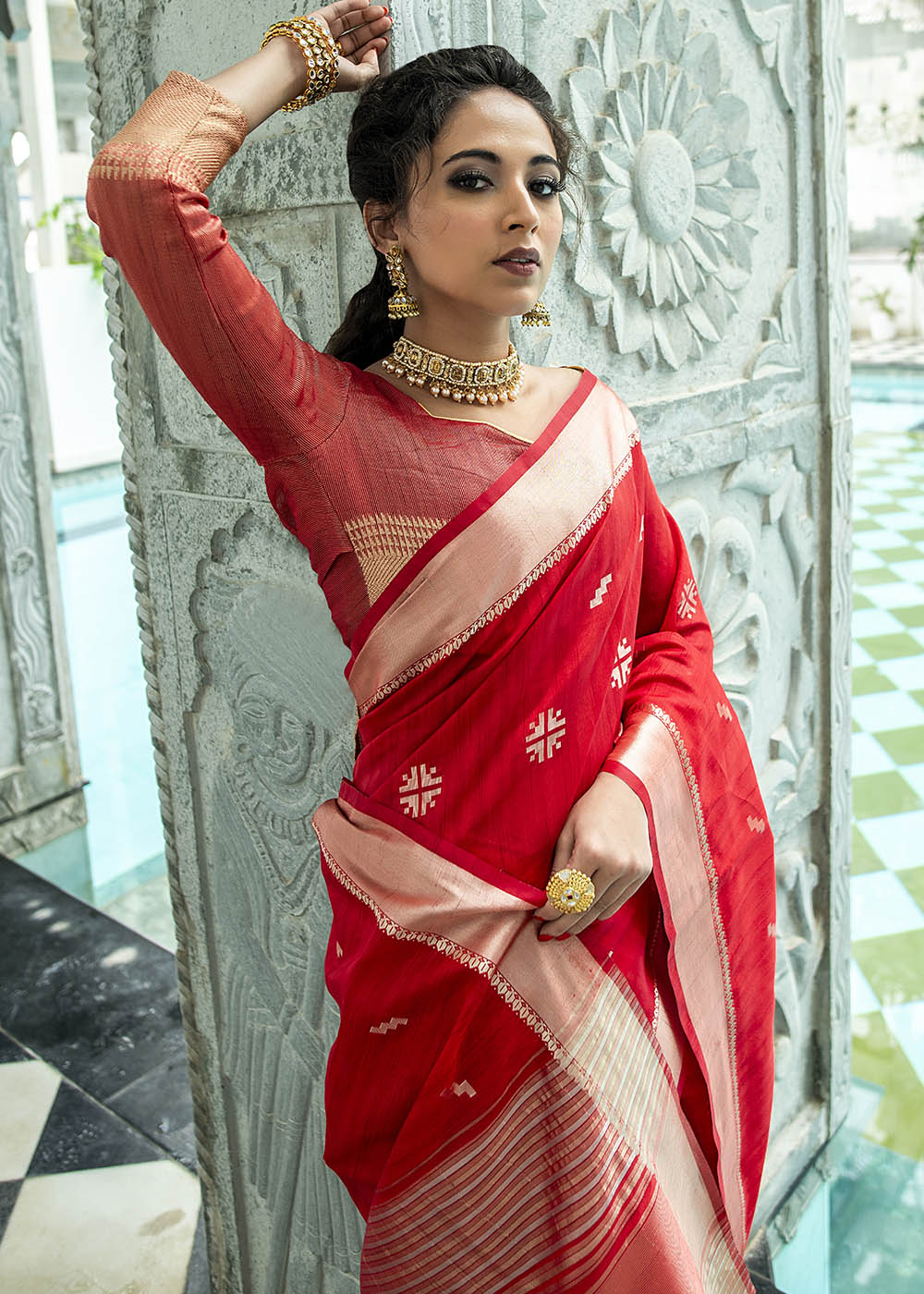 Crimson Red Zari Woven Tussar Silk Saree