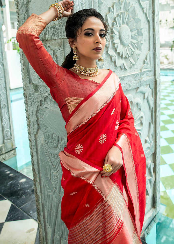 Crimson Red Zari Woven Tussar Silk Saree