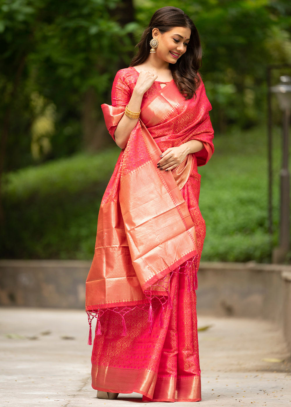 Cerise Pink Self Weaving Banarasi Silk Saree with Zari Border & Pallu