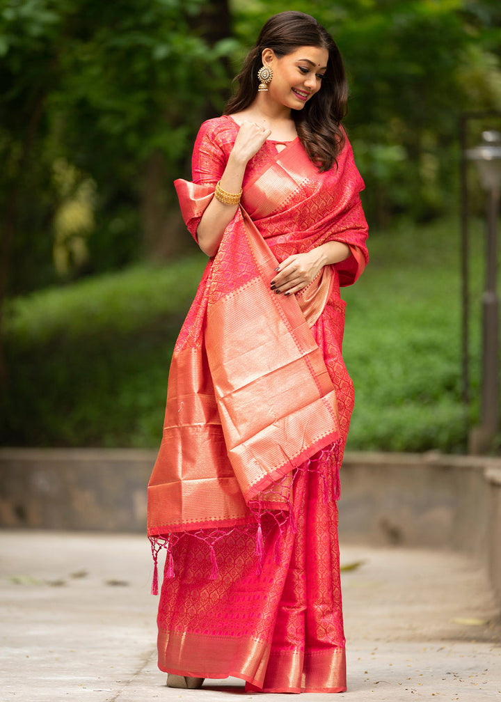 Cerise Pink Self Weaving Banarasi Silk Saree with Zari Border & Pallu