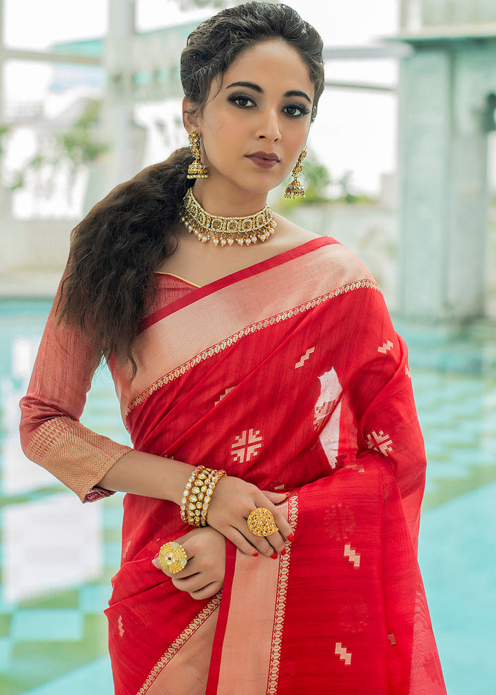 Crimson Red Zari Woven Tussar Silk Saree