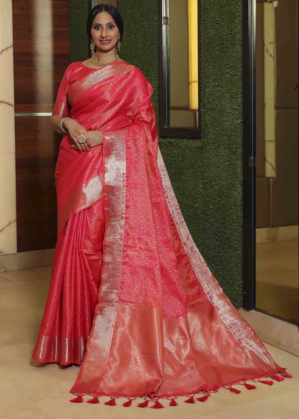 Bright Pink Woven Soft Banarasi Silk Saree