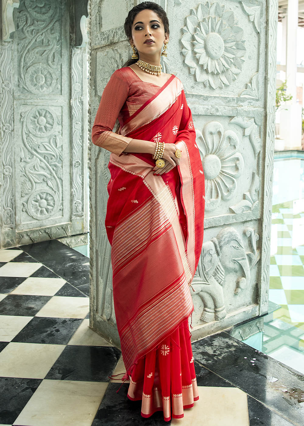 Crimson Red Zari Woven Tussar Silk Saree