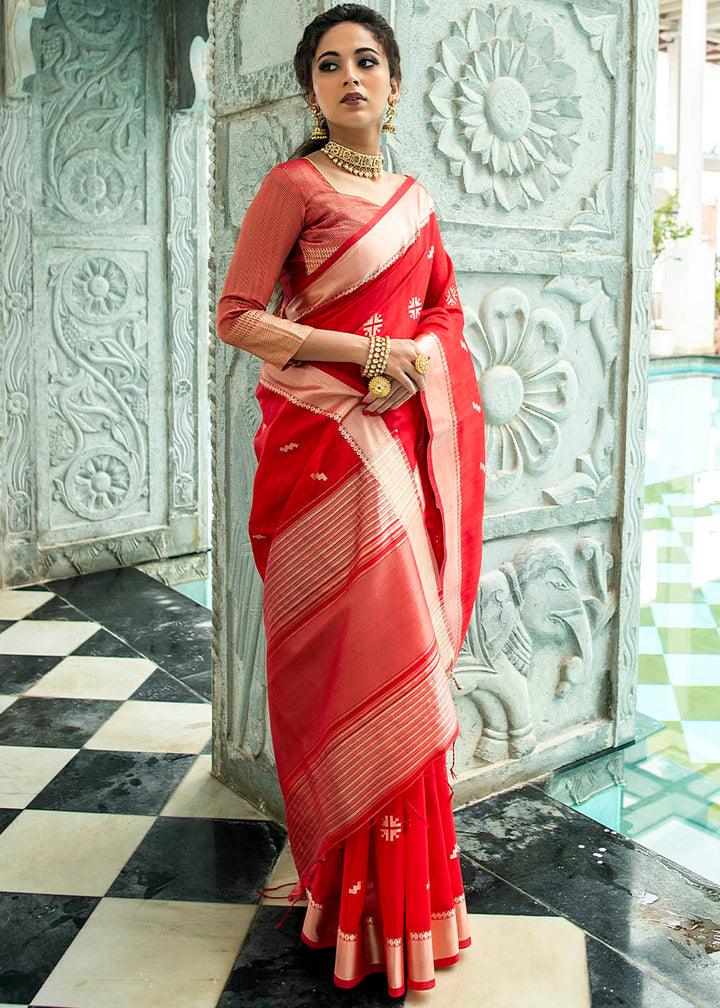 Crimson Red Zari Woven Tussar Silk Saree