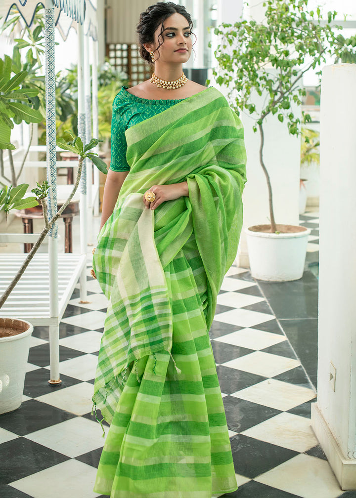 Shades Of Green Linen Saree having Zari Woven Stripes