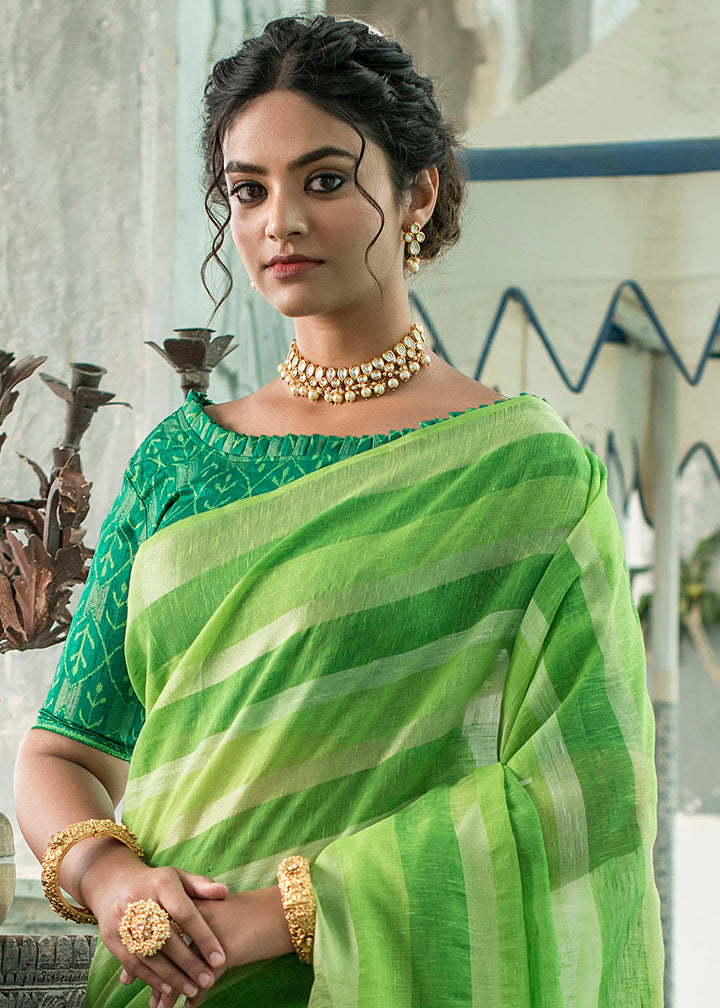 Shades Of Green Linen Saree having Zari Woven Stripes