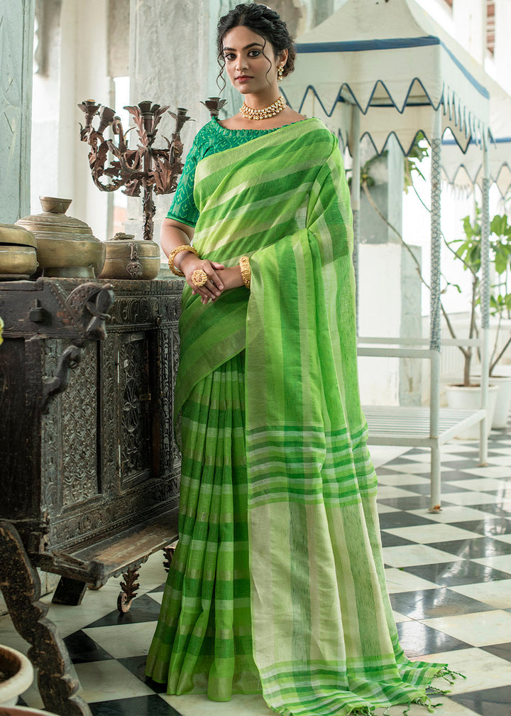 Shades Of Green Linen Saree having Zari Woven Stripes