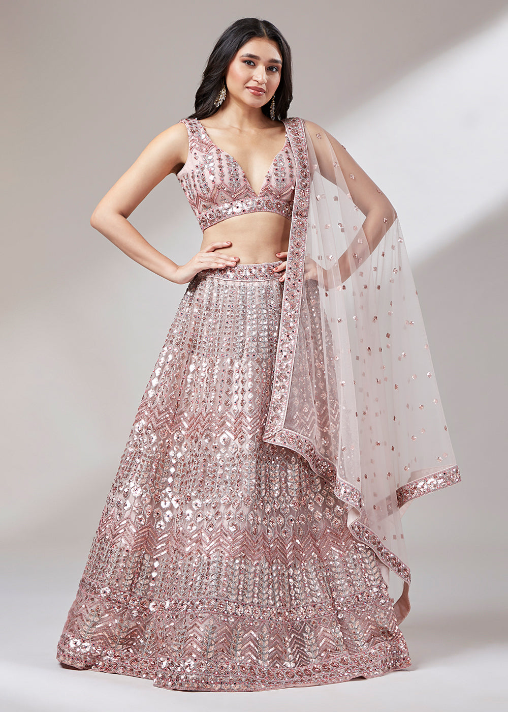 Rose Gold Net Designer Lehenga Choli with Mirror & Sequins work