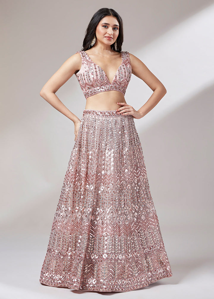 Rose Gold Net Designer Lehenga Choli with Mirror & Sequins work