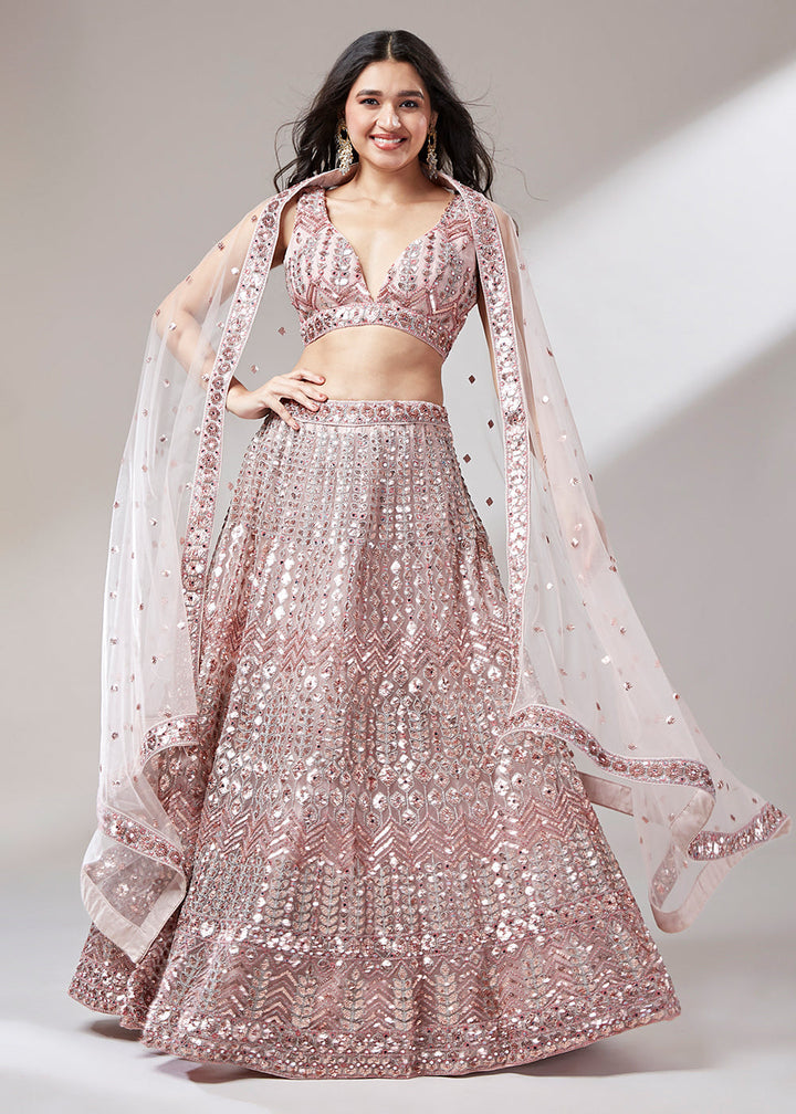 Rose Gold Net Designer Lehenga Choli with Mirror & Sequins work