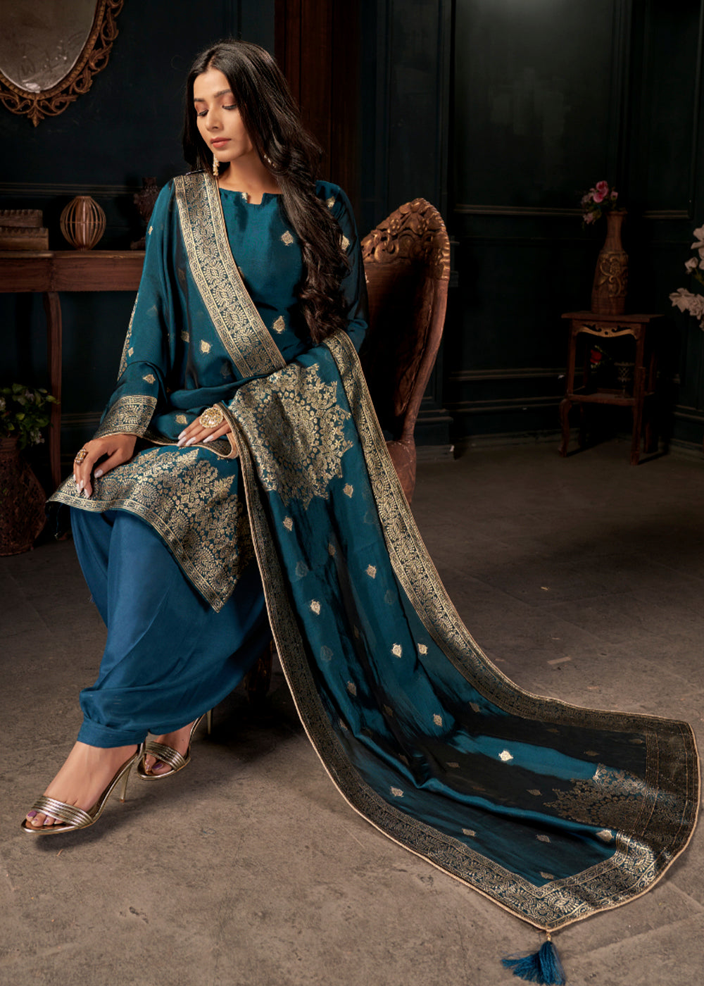 Prussian Blue Designer Viscose Salwar Suit having Zari work