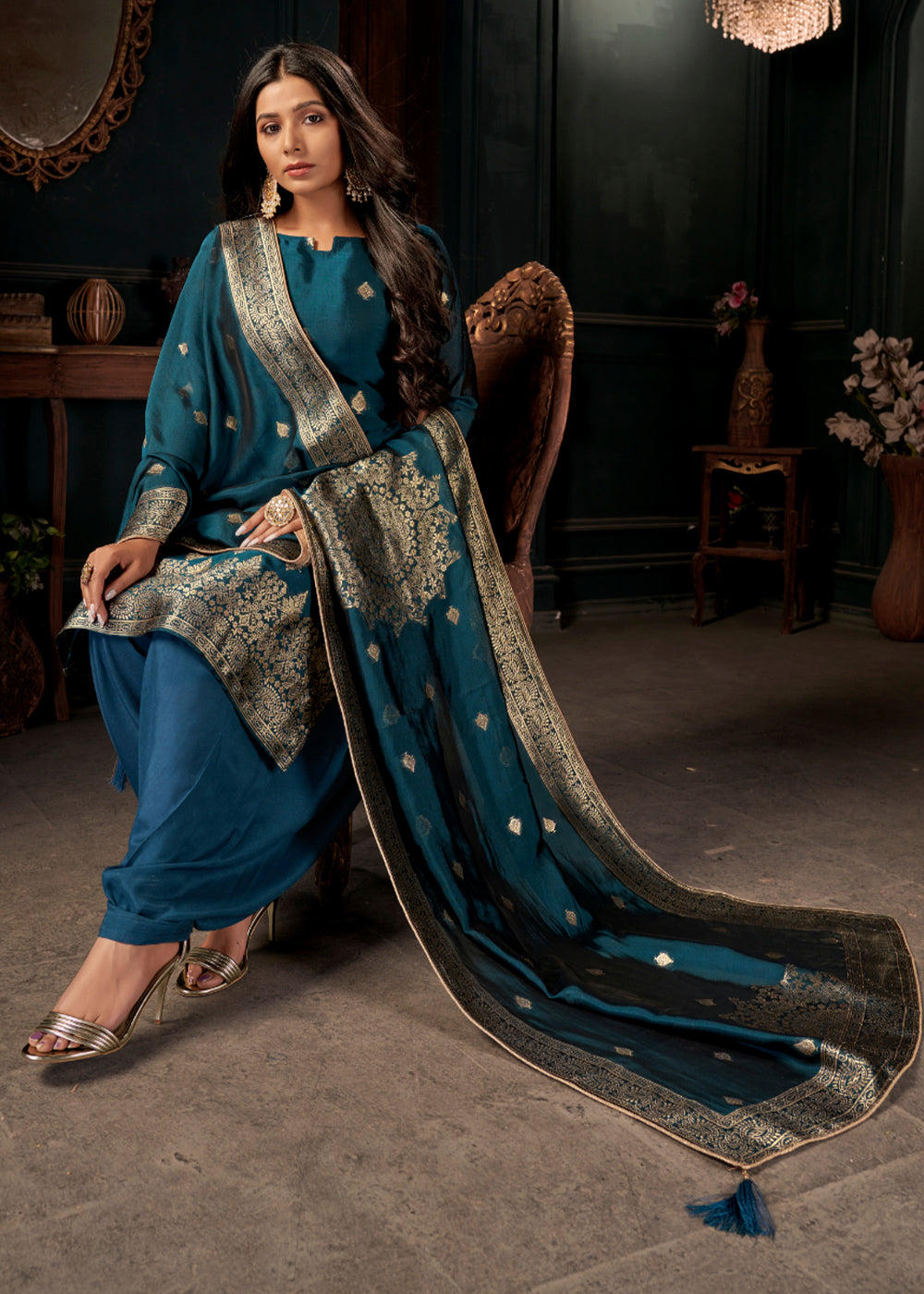 Prussian Blue Designer Viscose Salwar Suit having Zari work