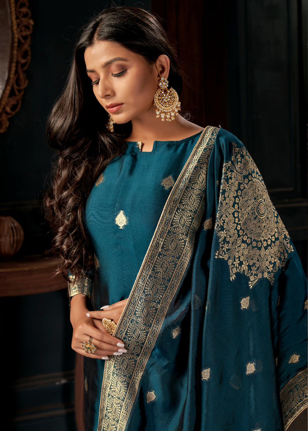 Prussian Blue Designer Viscose Salwar Suit having Zari work