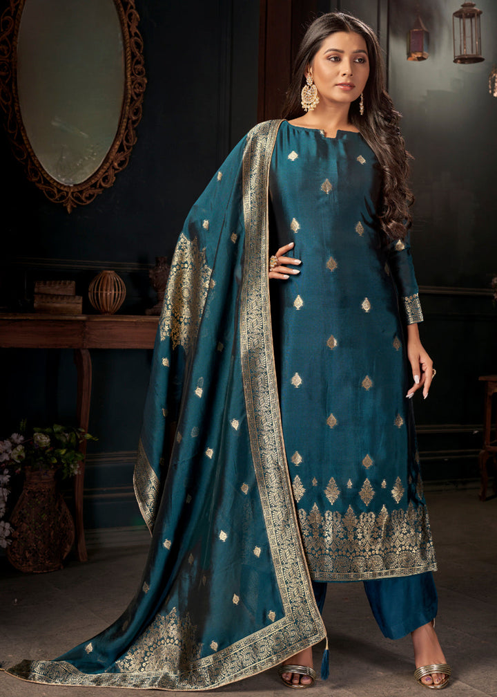 Prussian Blue Designer Viscose Salwar Suit having Zari work