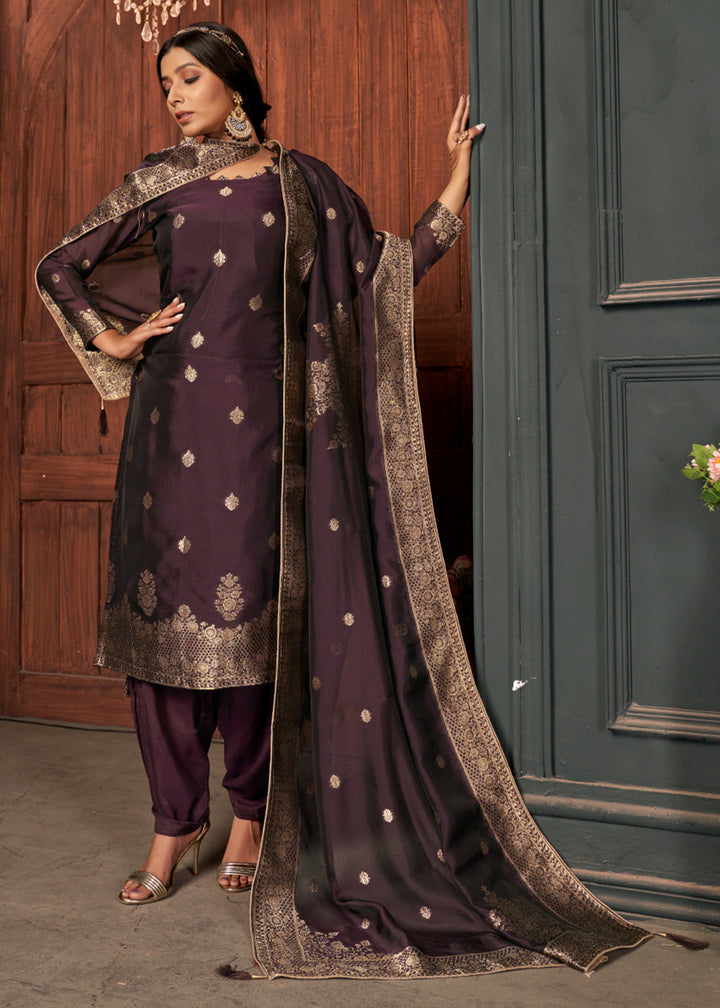 Eggplant Purple Designer Viscose Salwar Suit having Zari work