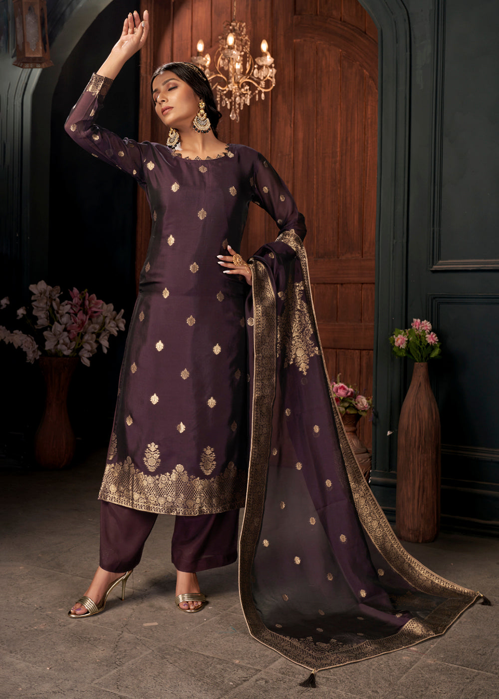 Eggplant Purple Designer Viscose Salwar Suit having Zari work