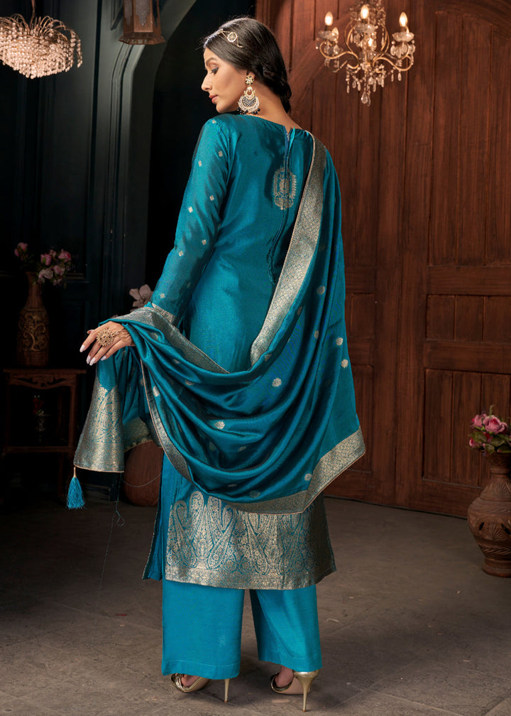 Cerulean Blue Designer Viscose Salwar Suit having Zari work