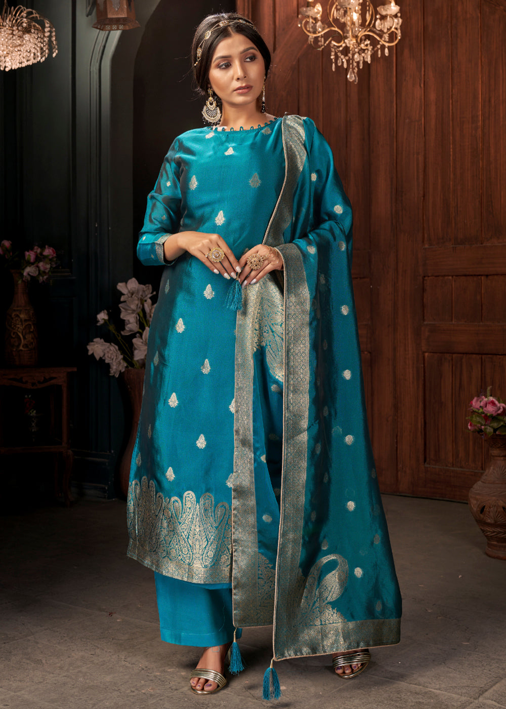 Cerulean Blue Designer Viscose Salwar Suit having Zari work