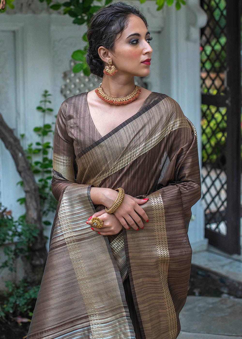 Taupe Brown Zari Woven Designer Tussar Silk Saree