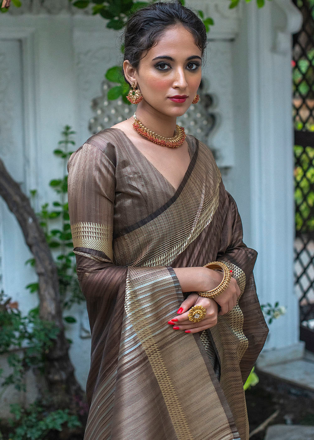 Taupe Brown Zari Woven Designer Tussar Silk Saree