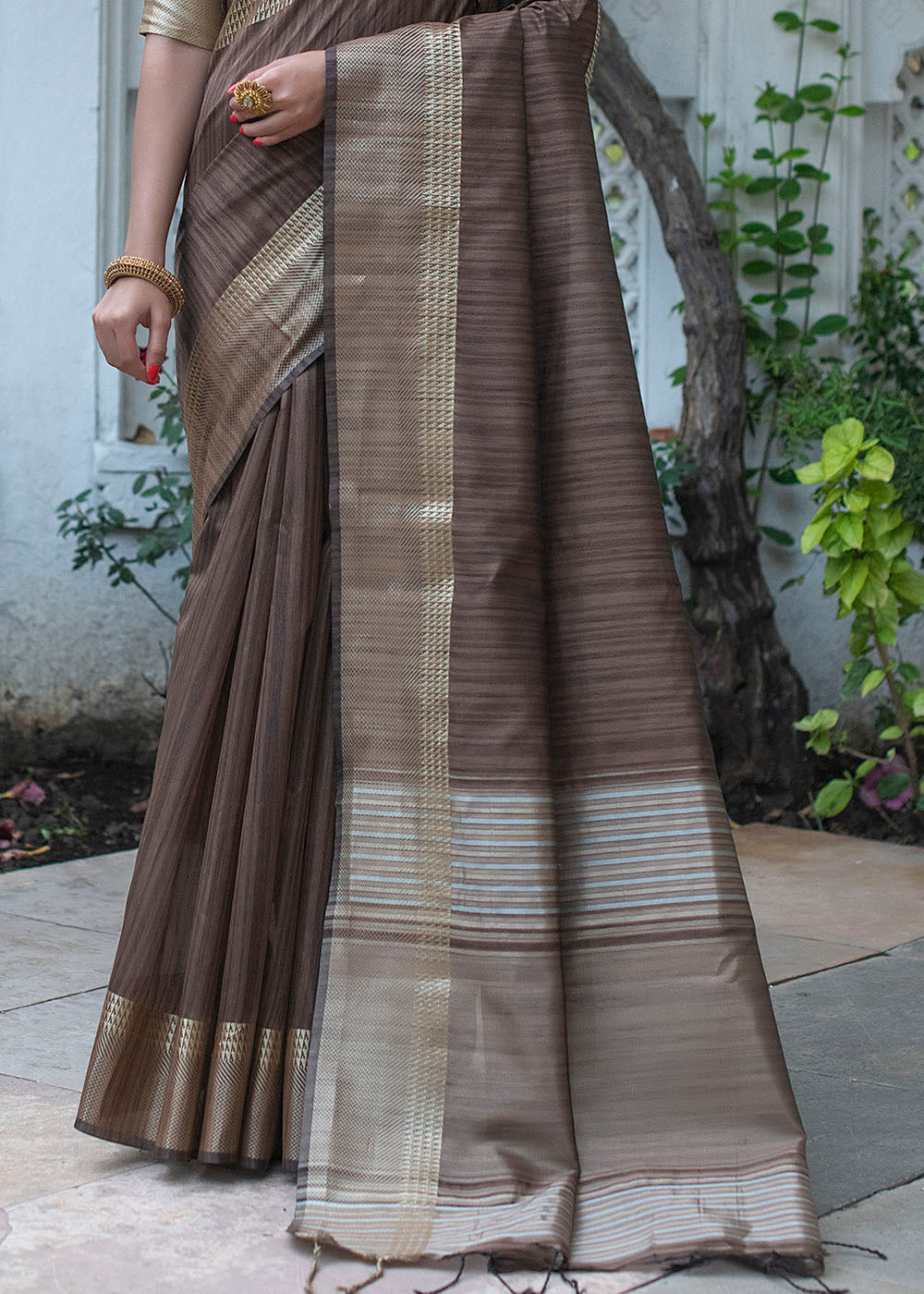 Taupe Brown Zari Woven Designer Tussar Silk Saree