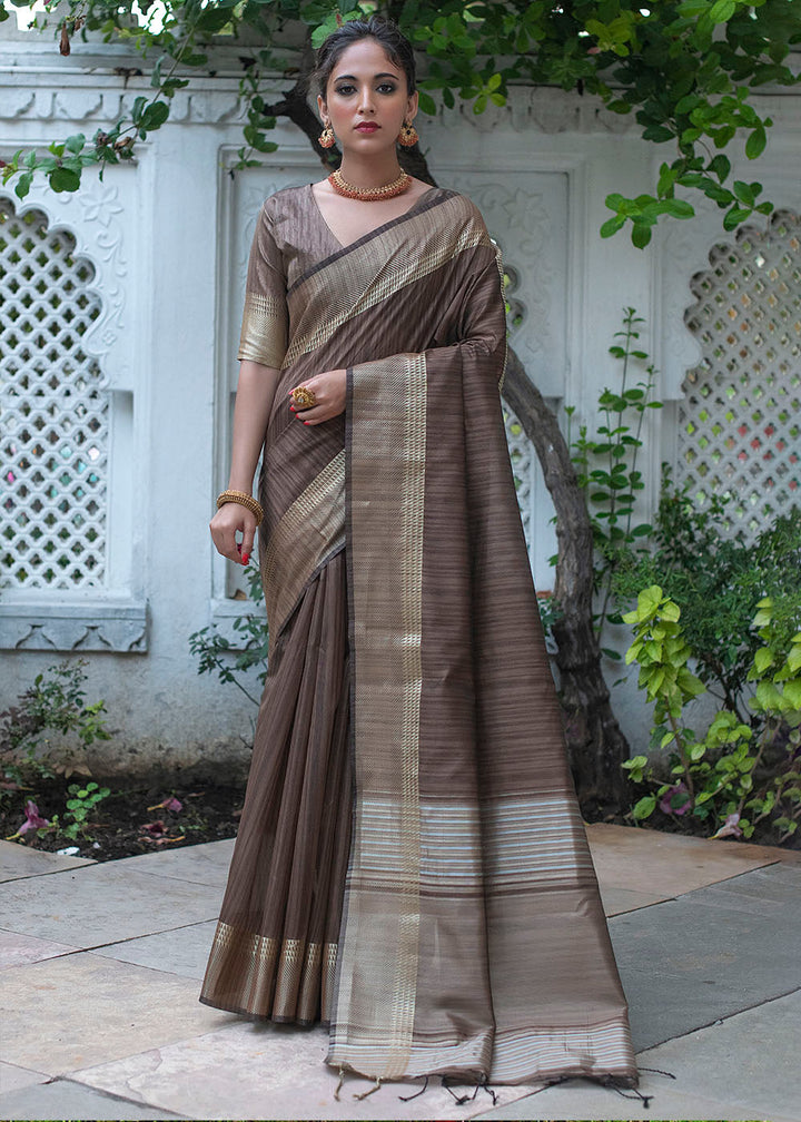 Taupe Brown Zari Woven Designer Tussar Silk Saree