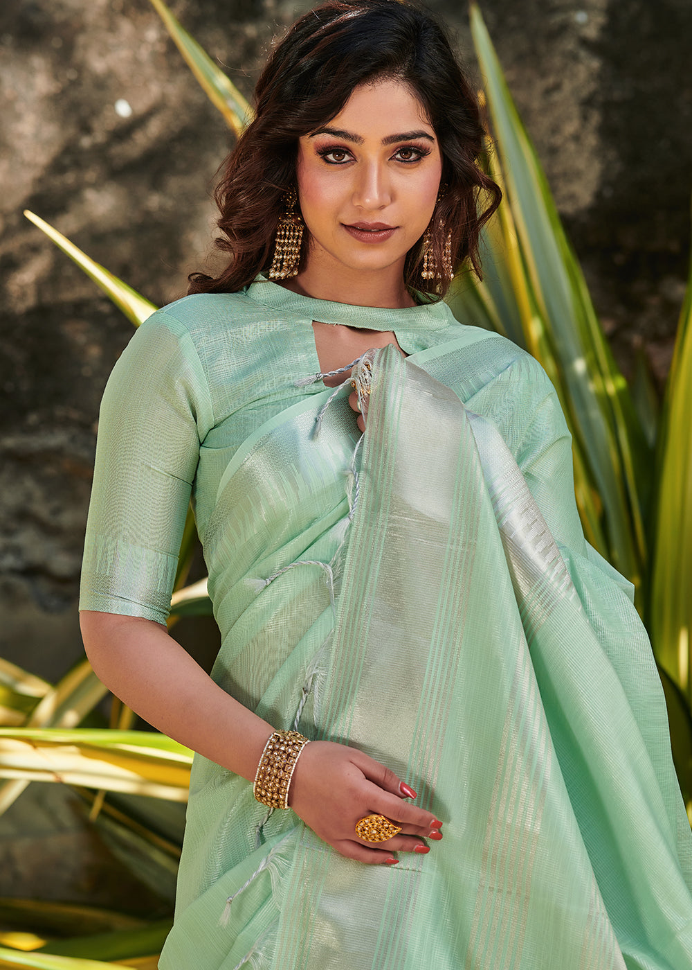 Pastel Green Zari Woven Tissue Linen Saree