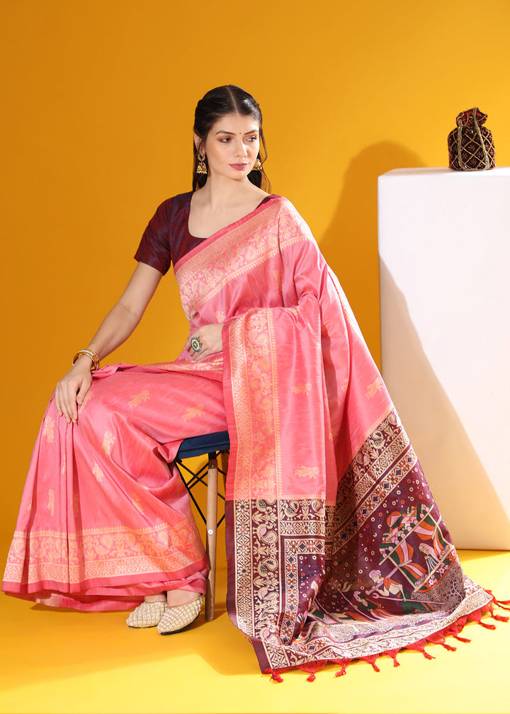 French Pink Kalamkari Woven Handloom Raw Silk Saree