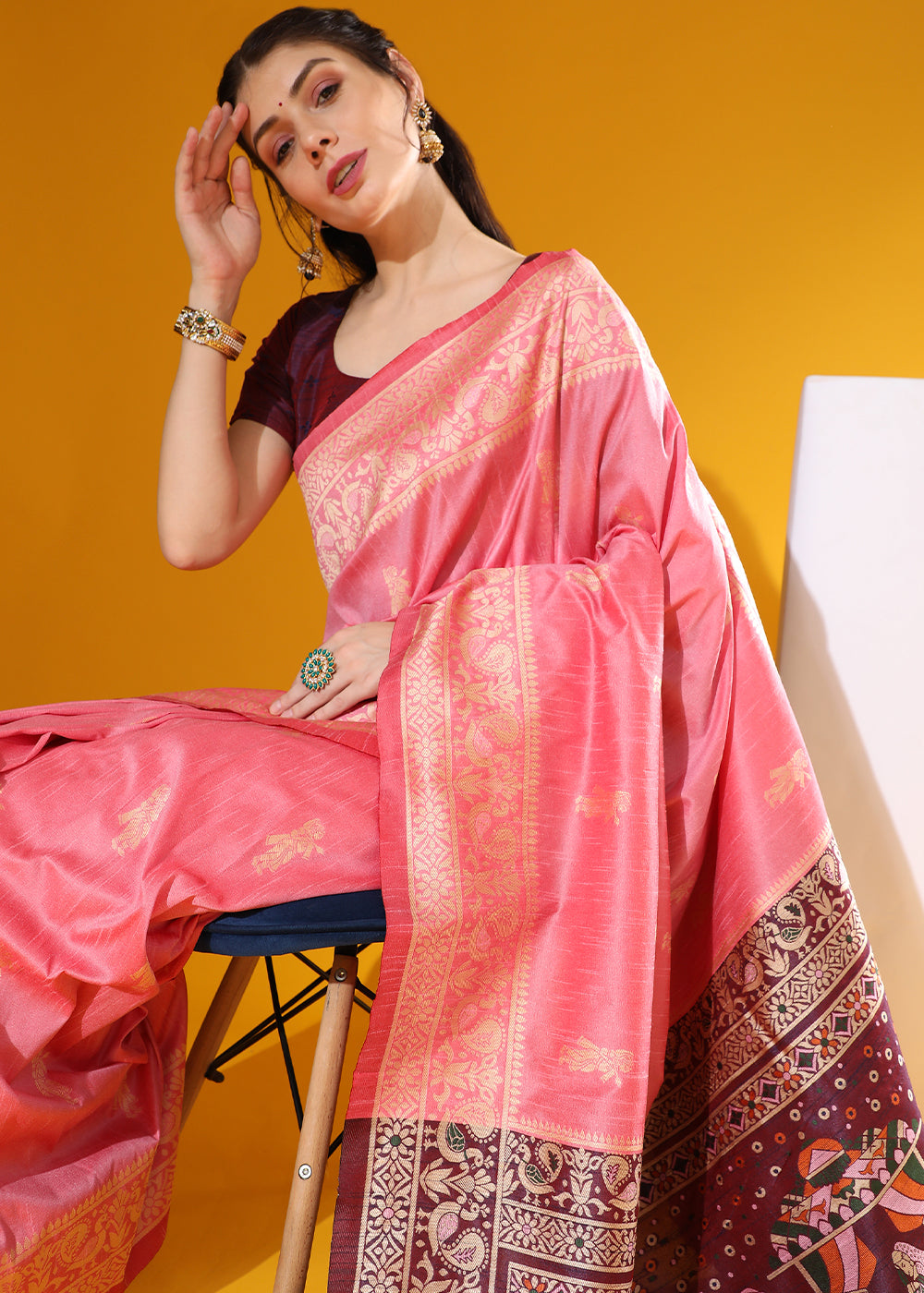 French Pink Kalamkari Woven Handloom Raw Silk Saree