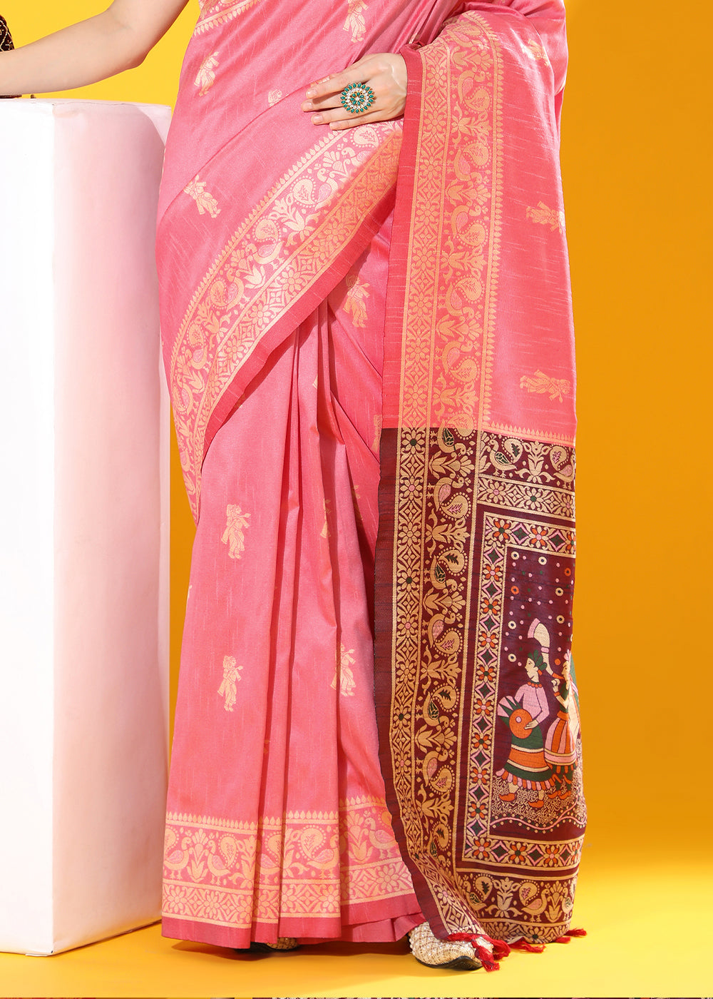 French Pink Kalamkari Woven Handloom Raw Silk Saree