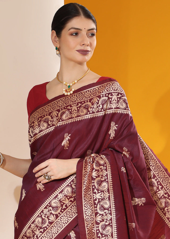 Mulberry Purple Kalamkari Woven Handloom Raw Silk Saree