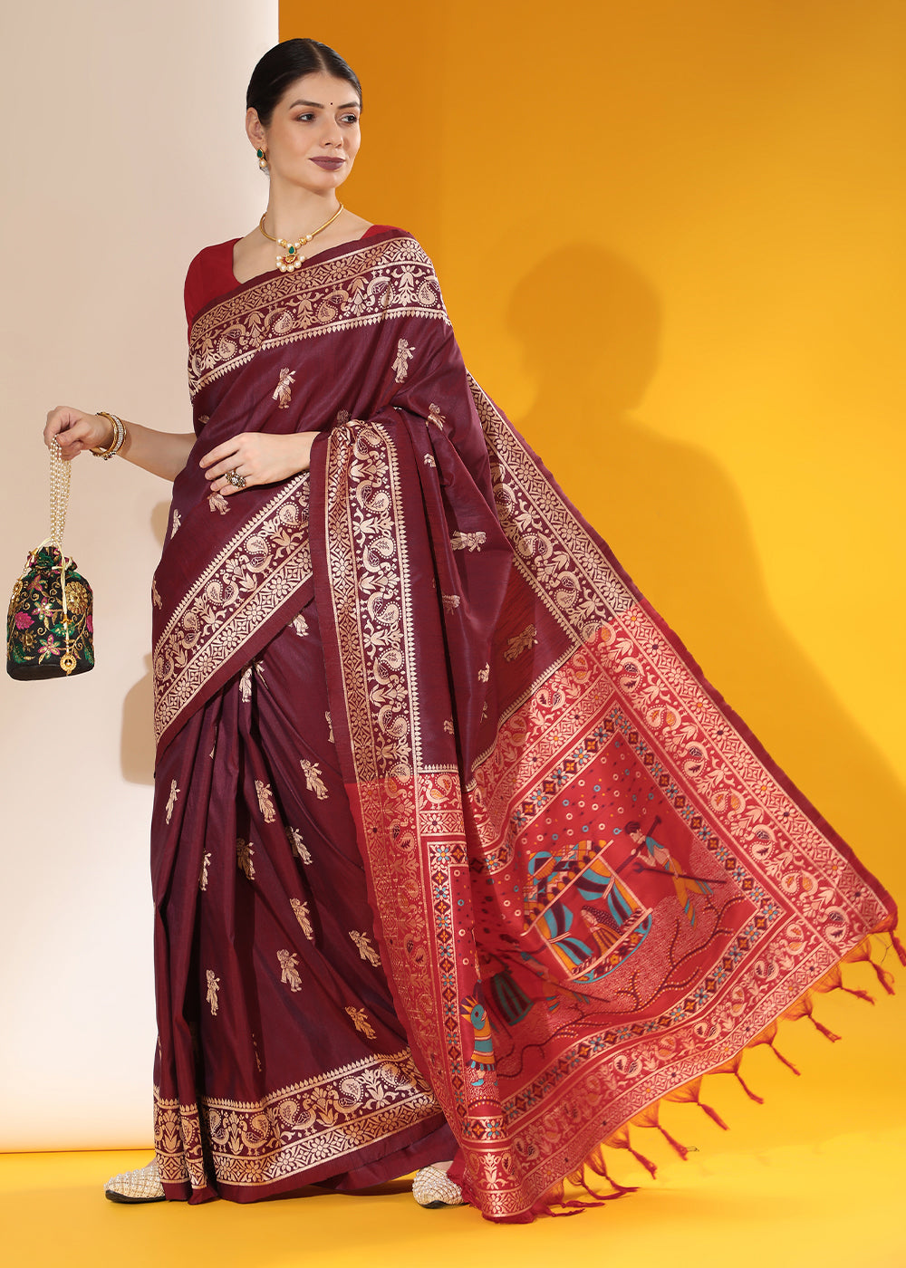 Mulberry Purple Kalamkari Woven Handloom Raw Silk Saree