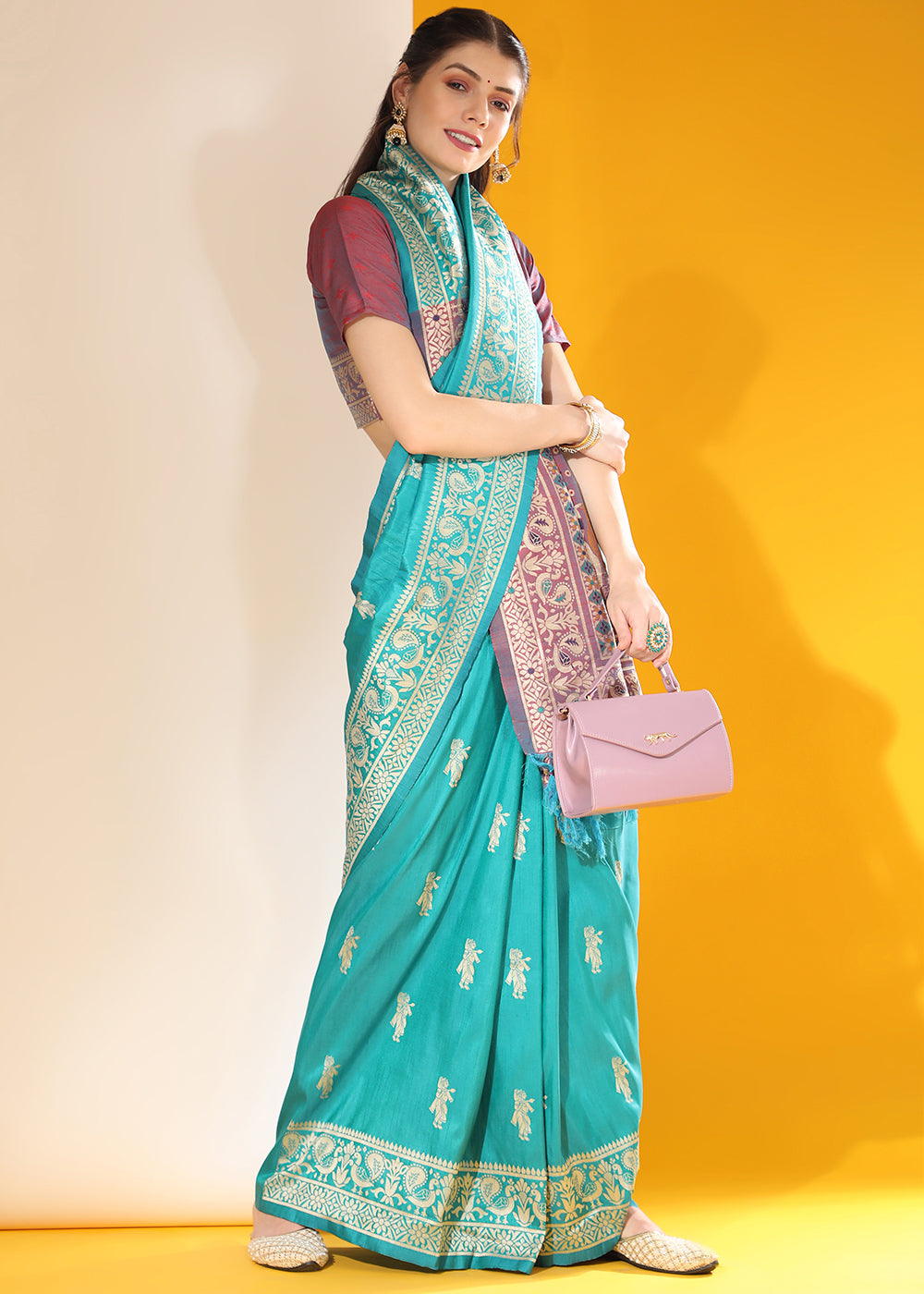 Cerulean Blue Kalamkari Woven Handloom Raw Silk Saree