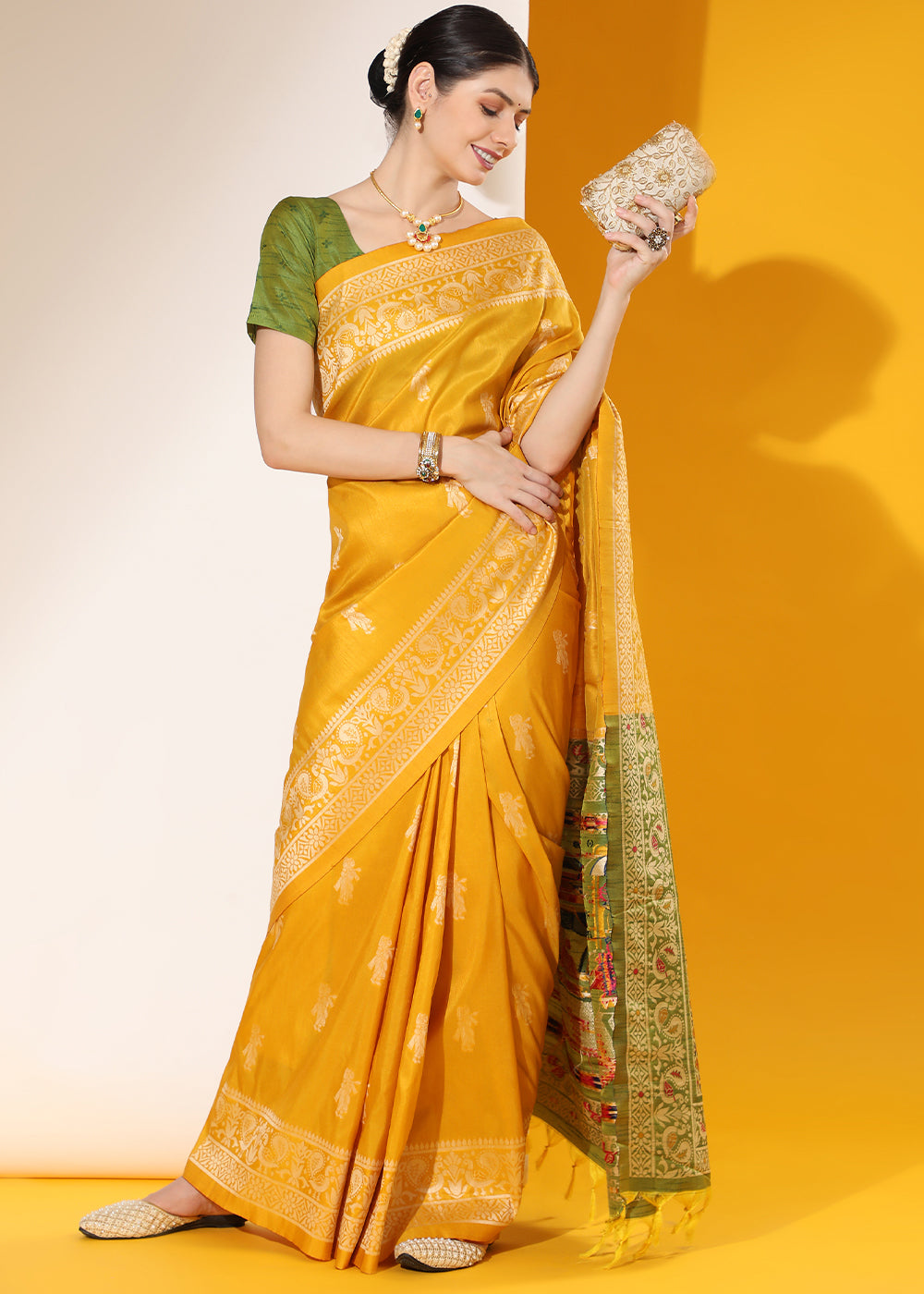 Cyber Yellow Kalamkari Woven Handloom Raw Silk Saree