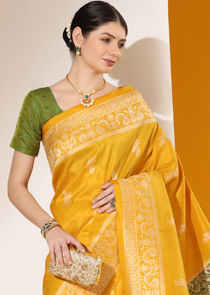 Cyber Yellow Kalamkari Woven Handloom Raw Silk Saree