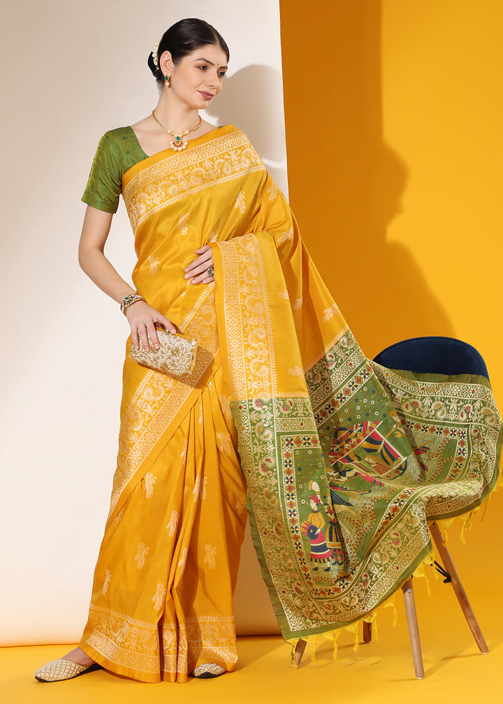 Cyber Yellow Kalamkari Woven Handloom Raw Silk Saree