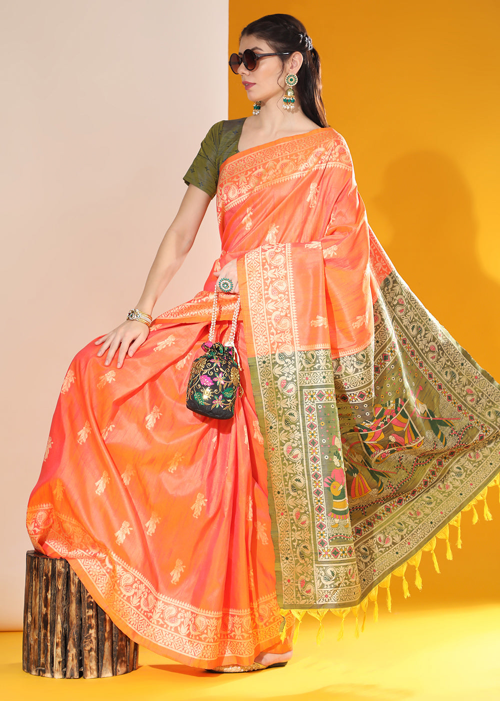 Sunset Orange Kalamkari Woven Handloom Raw Silk Saree