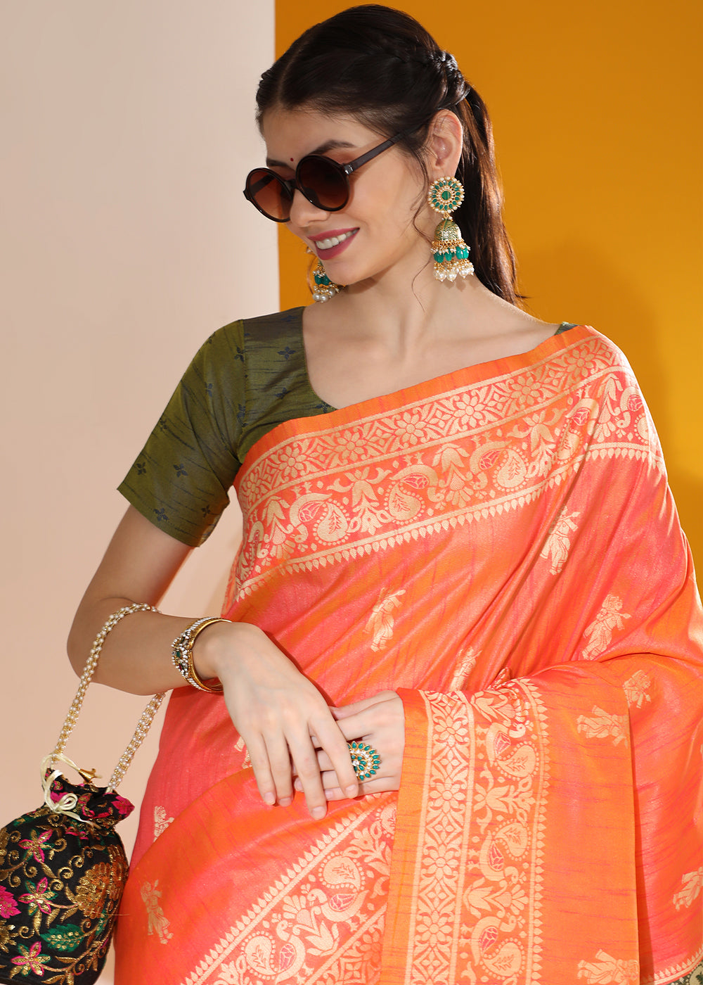 Sunset Orange Kalamkari Woven Handloom Raw Silk Saree