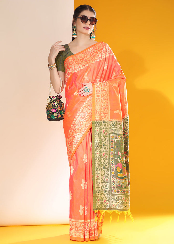 Sunset Orange Kalamkari Woven Handloom Raw Silk Saree