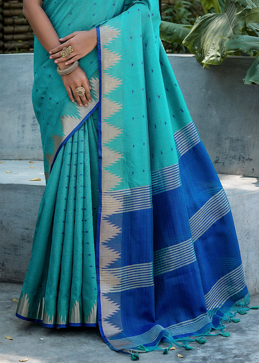 Butterfly Blue Zari Woven Triangle Border Raw Silk Saree with Butti Overall