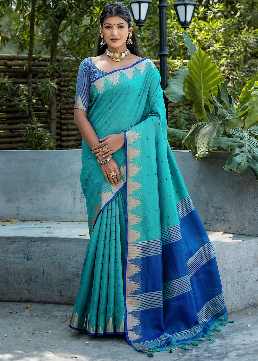 Butterfly Blue Zari Woven Triangle Border Raw Silk Saree with Butti Overall