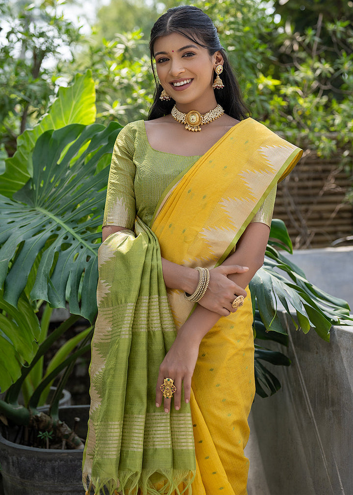 Cadmium Yellow Zari Woven Triangle Border Raw Silk Saree with Butti Overall