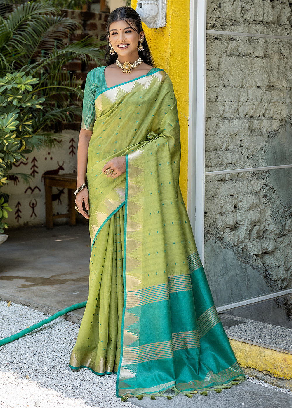 Mantis Green Zari Woven Triangle Border Raw Silk Saree with Butti Overall