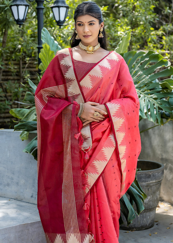 Watermelon Pink Zari Woven Triangle Border Raw Silk Saree with Butti Overall